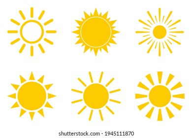 conjunto de sol anaranjado amarillo aislado sobre fondo blanco. Un símbolo de descanso, calor, vacaciones y buen humor. Ilustración vectorial.