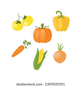 Set aus gelbem und orangefarbenem Gemüse. Glockenpfeffer, Kürbis, Karotten, Tomaten, Zwiebeln, Mais. Vektorgrafik im flachen Stil, einzeln auf weißem Hintergrund. Gesunde, ökologische Lebensmittel. 