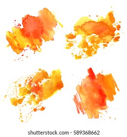 A set of yellow and orange watercolor textures with brush strokes. Artistic backgrounds with copy space