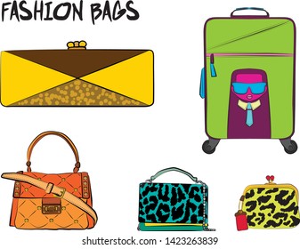 Set of yellow and orange women's bags.  Vector illustration isolated on a white background. 
Different types of stylish bags, satchel, saddle, hobo, doctor, clutch, duffel, tote, barrel, suitcase 