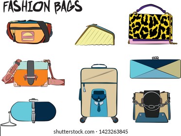 Set of yellow and orange women's bags.  Vector illustration isolated on a white background. 
Different types of stylish bags, satchel, saddle, hobo, doctor, clutch, duffel, tote, barrel, suitcase 
