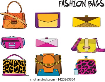 Set of yellow and orange women's bags.  Vector illustration isolated on a white background. 
Different types of stylish bags, satchel, saddle, hobo, doctor, clutch, duffel, tote, barrel, suitcase 