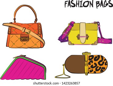 Set of yellow and orange women's bags.  Vector illustration isolated on a white background. 
Different types of stylish bags, satchel, saddle, hobo, doctor, clutch, duffel, tote, barrel, suitcase 