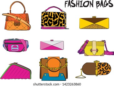 Set of yellow and orange women's bags.  Vector illustration isolated on a white background. 
Different types of stylish bags, satchel, saddle, hobo, doctor, clutch, duffel, tote, barrel, suitcase 