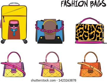 Set of yellow and orange women's bags.  Vector illustration isolated on a white background. 
Different types of stylish bags, satchel, saddle, hobo, doctor, clutch, duffel, tote, barrel, suitcase 
