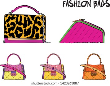 Set of yellow and orange women's bags.  Vector illustration isolated on a white background. 
Different types of stylish bags, satchel, saddle, hobo, doctor, clutch, duffel, tote, barrel, suitcase 