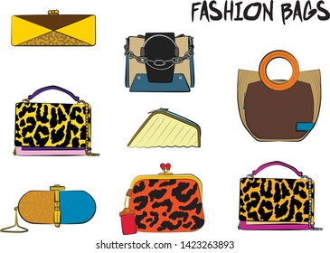 Set of yellow and orange women's bags.  Vector illustration isolated on a white background. 
Different types of stylish bags, satchel, saddle, hobo, doctor, clutch, duffel, tote, barrel, suitcase 