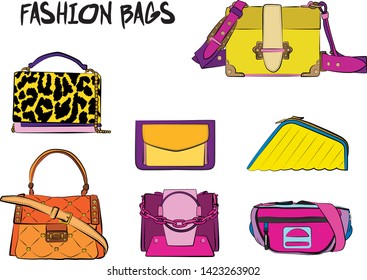 Set of yellow and orange women's bags.  Vector illustration isolated on a white background. 
Different types of stylish bags, satchel, saddle, hobo, doctor, clutch, duffel, tote, barrel, suitcase 