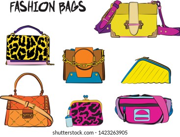 Set of yellow and orange women's bags.  Vector illustration isolated on a white background. 
Different types of stylish bags, satchel, saddle, hobo, doctor, clutch, duffel, tote, barrel, suitcase 