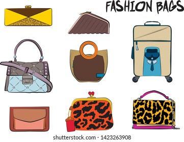Set of yellow and orange women's bags.  Vector illustration isolated on a white background. 
Different types of stylish bags, satchel, saddle, hobo, doctor, clutch, duffel, tote, barrel, suitcase 
