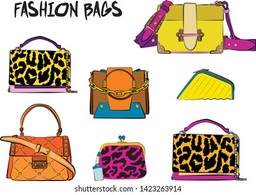 Set of yellow and orange women's bags.  Vector illustration isolated on a white background. 
Different types of stylish bags, satchel, saddle, hobo, doctor, clutch, duffel, tote, barrel, suitcase 