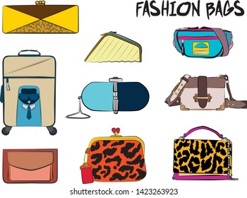 Set of yellow and orange women's bags.  Vector illustration isolated on a white background. 
Different types of stylish bags, satchel, saddle, hobo, doctor, clutch, duffel, tote, barrel, suitcase 