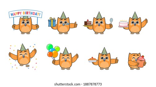 Set of yellow owl characters celebrating birthday. Cute owl mascot holding birthday banner, gift box, cake, balloons, cupcake. Modern vector illustration