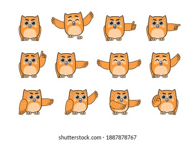 Set of yellow owl characters showing various hand gestures. Owl mascot pointing, greeting, celebrating, jumping, showing thumb up and other gestures. Modern vector illustration