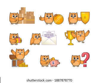 Set of yellow owl characters showing various actions. Cute owl mascot with parcel boxes, big dollar coin, shield, gift, treasure chest and showing other actions. Modern vector illustration