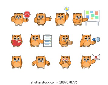 Set of yellow owl characters showing various actions. Cute owl mascot holding stop sign, parcel box, idea bulb, reading book and showing other actions. Modern vector illustration