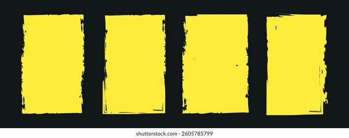 Set of yellow paint brush stroke, grunge box, grunge texture, frame. Vector illustration.