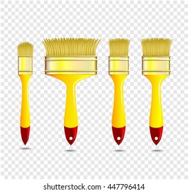 Set of yellow paint brushes, different sizes. Isolated vector illustration
