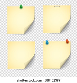 Set of yellow paper notes with push pins. Paper stickers, note post memo, labels. Vector design elements