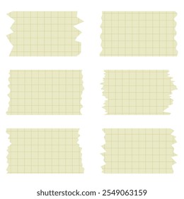 Conjunto de hojas de papel amarillo aislado en blanco. Piezas de cinta decorativa para álbumes de recortes. Cintas de colección en Vector. Papel rasgado. Pedazos de papel arrancados de un cuaderno en una celda. Cintas coloridas