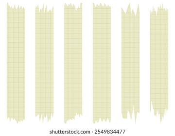 Set of yellow paper sheets isolated on white. Pieces of decorative tape for scrapbooks. Tapes collection in vector. Ripped paper. Torn pieces of paper from a notebook in a cell. Colorful ribbons