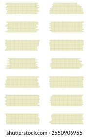 Set of yellow paper sheets isolated on white. Pieces of decorative tape for scrapbooks. Tapes collection in vector. Ripped paper. Torn pieces of paper from a notebook in a cell. Colorful ribbons