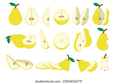 Set of Yellow Pear, Farm fresh Pear, product emblem for grocery shop, Slides, long and cross sections, and different positions, simple flat vector illustration of vegetables and fruits.