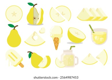 Set of Yellow Pear, Farm fresh Pear product emblem for grocery shop, collection of ice cream, Juice jar, glass of juice, ice cream cone and stick, simple flat vector illustration of fruits.