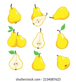 Set with yellow pears in cartoon style. A whole pear, a slice of pear. Vector isolated food illustration.