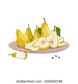 Set of yellow pears on plate. Whole fruit with leaf, halves and slice with seeds. Source of vitamins. Food for healthy diet. Sweet fresh snack. Vector flat illustration - Shutterstock ID 2105602148