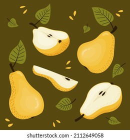 Set of yellow pears. Whole, sliced ​​pears, half a pear on a 
dark olive background background. Vector illustration in a flat style.