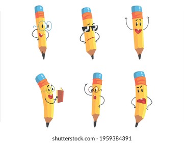 Set of Yellow Pencil Characters, Cute Pencils with Funny Faces and Different Emotions Cartoon Vector Illustration
