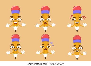 Juego de lápices amarillos, lindos lápices con caras graciosas y diferentes emociones. Ilustración vectorial de dibujos animados