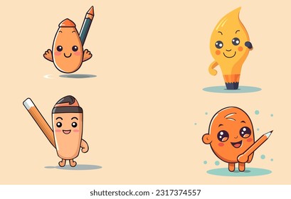 Set of Yellow Pencil Characters, Cute Pencils with Funny Faces and Different Emotions Cartoon Vector Illustration,The cute pencil is waving the hand of illustration
