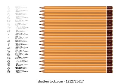 A set of yellow pencils of different hardness with examples of stiffness. Vector image on white background EPS 10