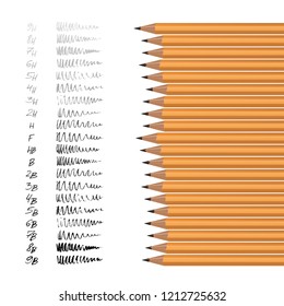 A set of yellow pencils of different hardness with examples of stiffness. Vector image on white background EPS 10