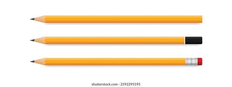 set of yellow pencils on white background. Realistic sharpened pencils with rubber band and without rubber band isolated design. School, education object can used as a logo or icon