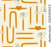 Set of yellow Pencils in various conditions. Straight, bended, knotted, broken and short pencil. Back to school, teacher's day concept. Hand drawn Vector illustration. Square seamless Pattern