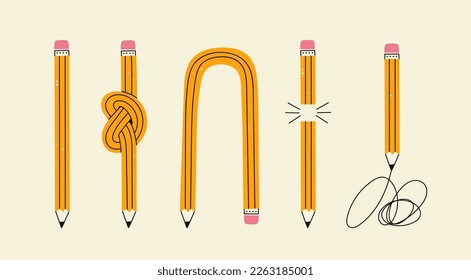 Set of yellow Pencils in various conditions. Straight, bended, knotted, broken and short pencil. Back to school, teacher's day concept. Design templates. Hand drawn Vector illustration