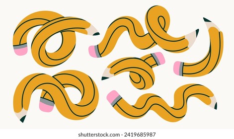 Set of yellow Pencils in various conditions. Twisted, bended, curved pencil. Back to school, teacher's day concept. Design templates. Abstract modern style. Hand drawn Vector illustration