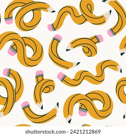 Set of yellow Pencils in various conditions. Twisted, bended, curved pencil. Back to school, teacher's day concept. Abstract modern style. Hand drawn Vector illustration. Square seamless Pattern