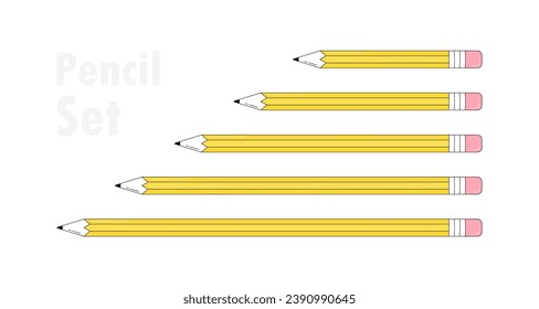 Set of yellow pencils in various length. Pencils in cartoon linear style. Vector illustration.
