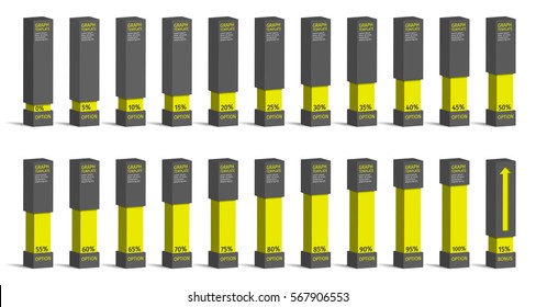 Set of yellow percentage charts for infographics, 0 5 10 15 20 25 30 35 40 45 50 55 60 65 70 75 80 85 90 95 100 percent. Vector illustration.