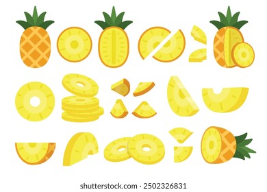 Set von gelben Ananas, Bauernhof frische Ananas Produkt Emblem für Lebensmittelgeschäft, Dias, lange und Querschnitte, und verschiedene Positionen, einfache flache Vektorgrafik von Gemüse und Obst.