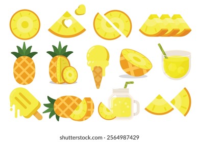 Set of Yellow Pineapple, Farm fresh Pineapple product emblem for grocery shop, collection of ice cream, Juice jar, glass of juice, ice cream cone and stick, simple flat vector illustration of fruits.