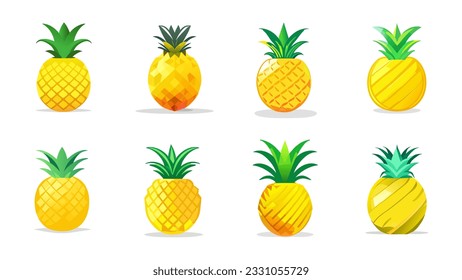 Set of yellow pineapples with green leaves, vector illustration isolated on white background. Vector