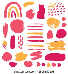 Set of yellow, pink acrylic brush strokes, lines. Vector hand drawings with design elements for posters, logos, brushes, advertising, templates, patterns, banners, icons. White isolated background. 