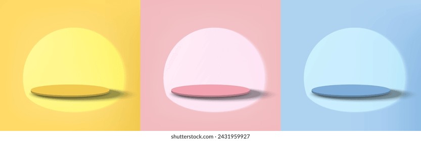 Set of Yellow, Pink, Blue, scene background with spotlight and pedestal minimal style. Pedestal with for product display, advertising, show base on pastel color backdrop. Vector illustration.
