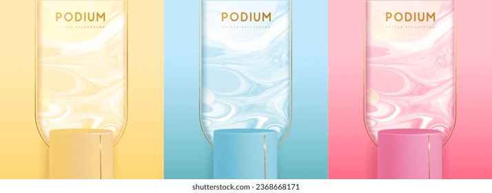 Set of yellow, pink and blue showcase backgrounds with 3d podium and marble texture. Vector illustration