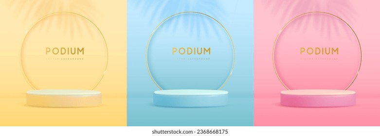 Set of  yellow, pink and blue showcase backgrounds with 3d podium and palm leaf shadow. Vector illustration